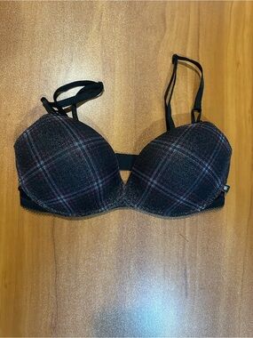 Victoria’s Secret 36D Black Plaid Shimmer Push-Up Bra | Padded Underwire Lingeri